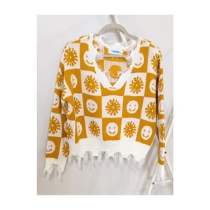 Happy Face and Floral Checkered V Neck Sweater